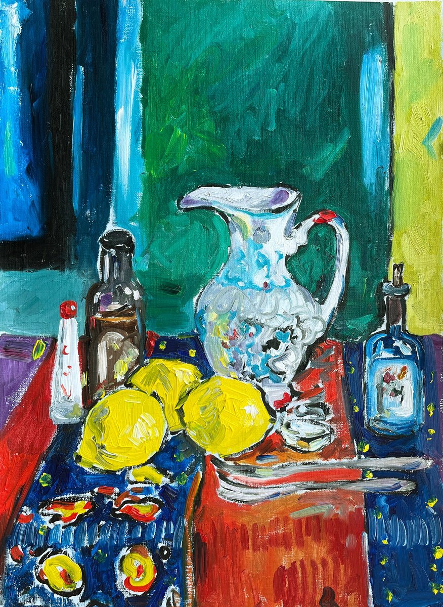 Expressive Still Life Oil Painting By Maiia Axton, 12 X 17", Vibrant Still Life With Lemons, Original Artwork