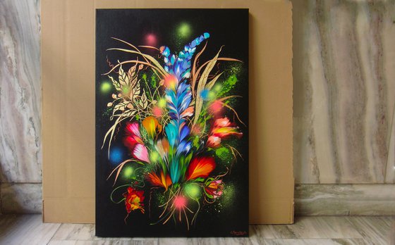 35.4" Night Flowers, Floral Painting