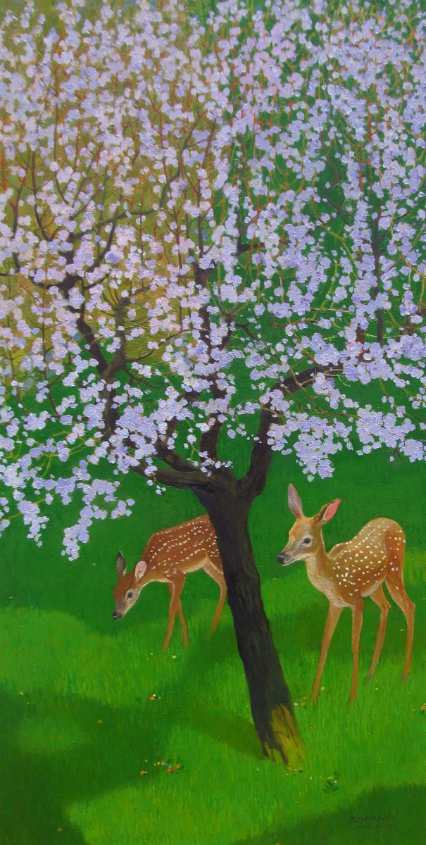 Impressionistic Animal Oil Painting By Bhargavkumar Kulkarni, 23 X 47, Silent Companions In Bloom, Original Artwork