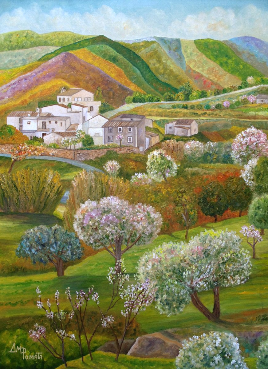 Impressionistic Landscape Oil Painting By Angeles M. Pomata, 18 X 24, First Spring In Cariatiz, Original Artwork