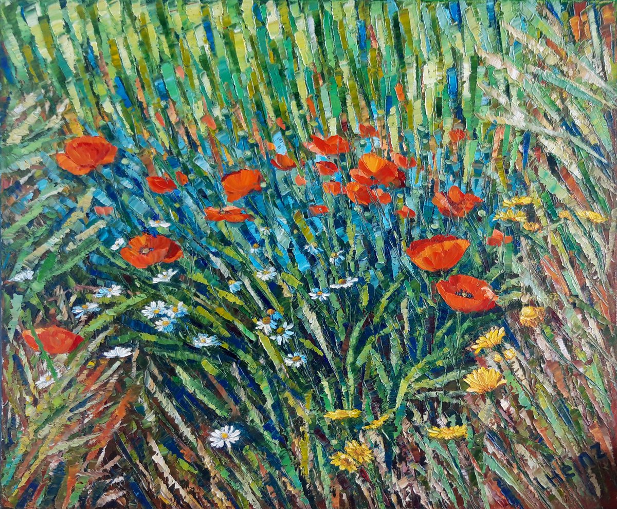 Impressionistic Botanical Oil Painting By Irena Heinz, 22 X 18, Poppies And Marguerites, Original Artwork