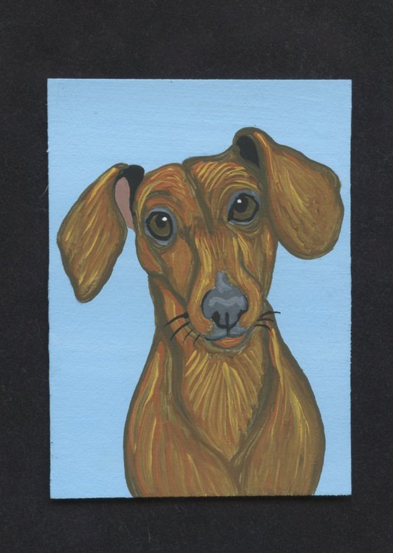 ACEO ATC Original Miniature Painting Red Dachshund Doxie Pet Dog Art-Carla Smale