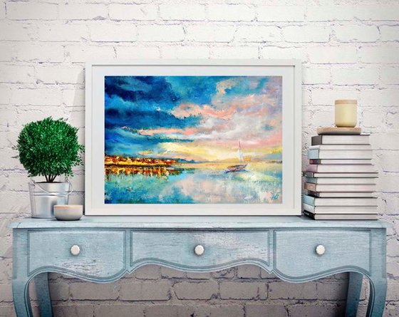 Summer sunset Sailboat Painting Original Art Seascape Abstract Ocean Wall Art