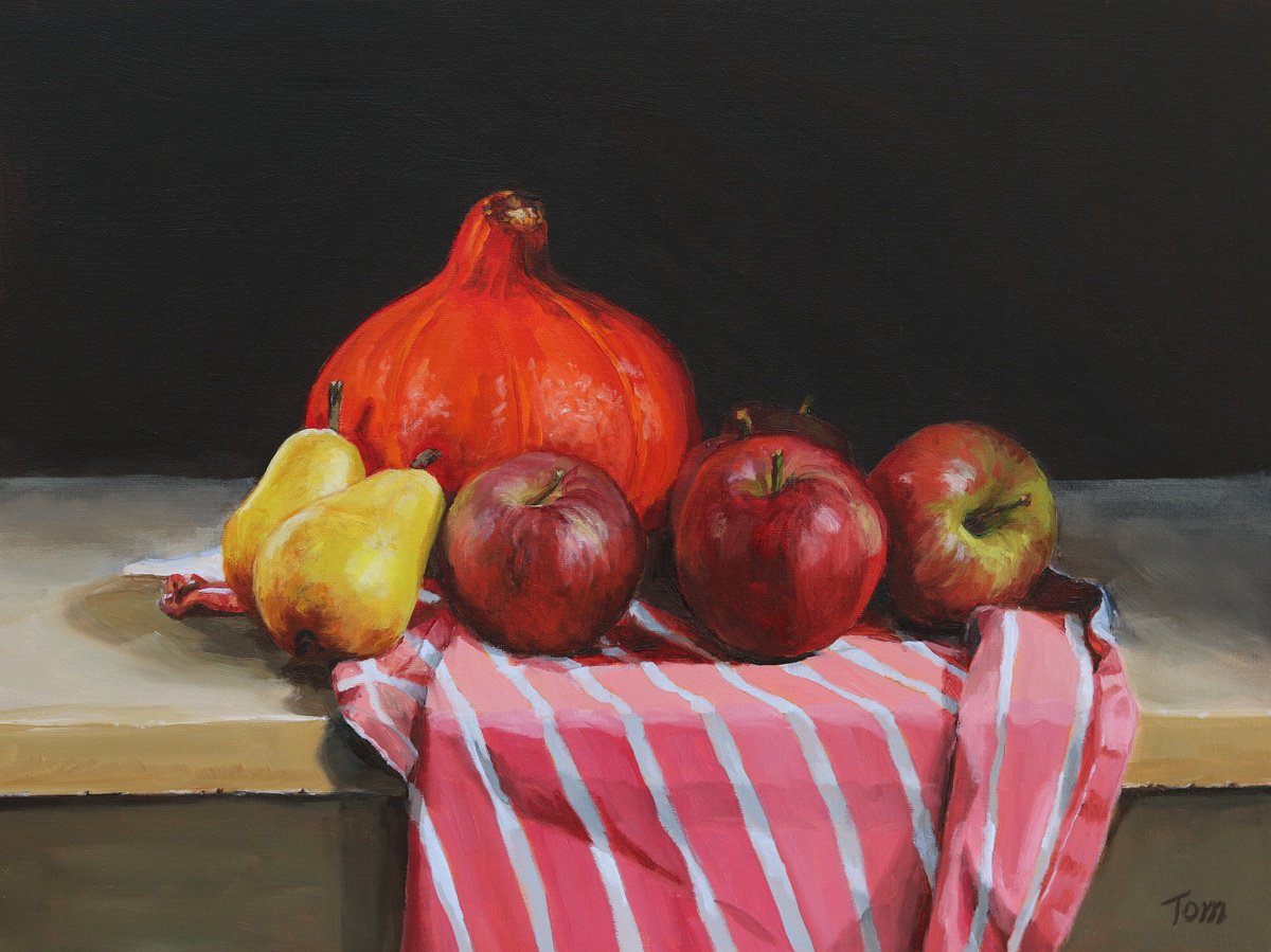 Still Life Oil Painting By Tom Clay, 16 X 12", Autumn Fruit, Hokkaido Pumpkin, Original Artwork