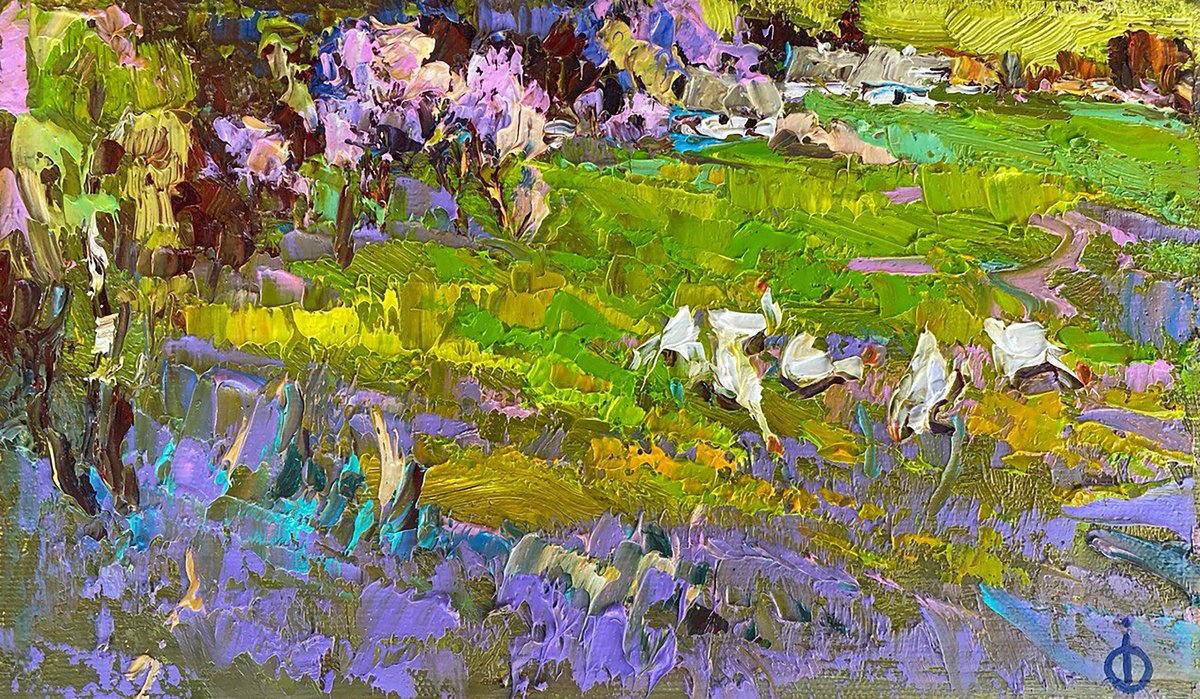 Impressionistic Landscape Oil Painting By Kalenyuk Alex, 10 X 6", Geese In Spring, Original Artwork