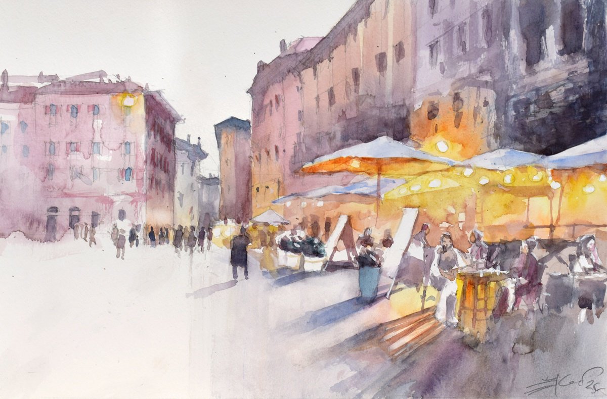 Expressive Cityscapes Watercolour By Goran Zigolic Watercolors, 19 X 13, Rome, Piazza Navona, Original Artwork
