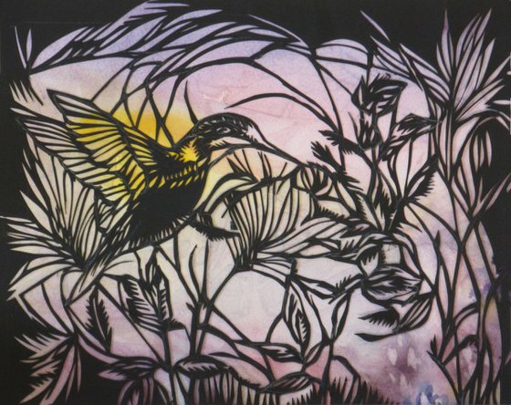 humming bird in the garden paper cut