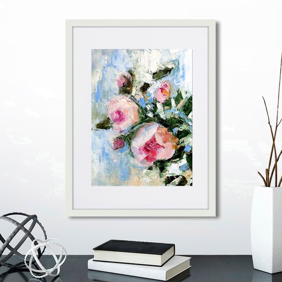 Floral Rose Painting Original Art Pink Flower Artwork Small Oil Wall Art