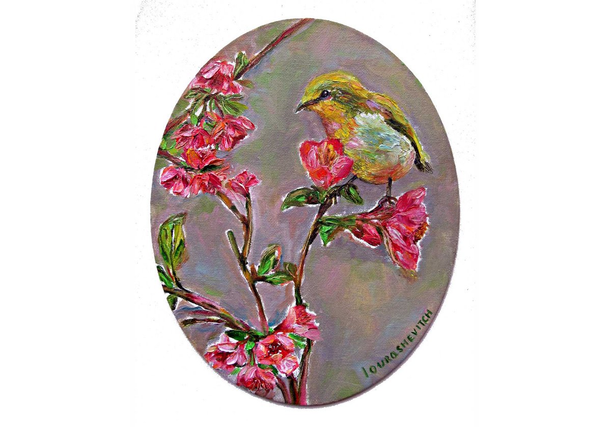 Fairy Bird on a branch, oval painting 10x8 in by Katia Ricci