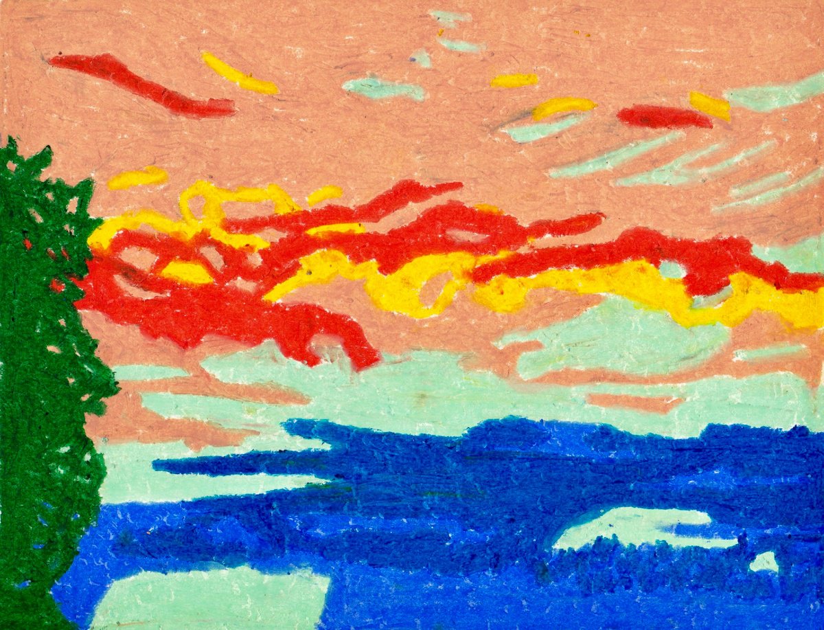 Naive Landscape Pastel Drawing By Ewen Farr, 12 X 9, Bald, Original Artwork