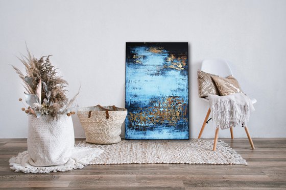 NIGHT AT THE BEACH - 120 x 80 CM - TEXTURED ACRYLIC PAINTING ON CANVAS * GOLD BLUE