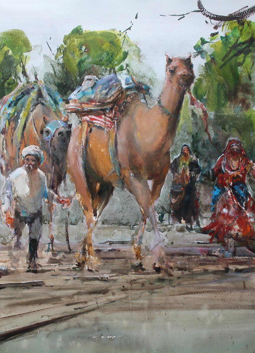 Impressionistic Portrait Watercolour By Maximo Damico, 16 X 22", Tuareg Into Desert, Original Artwork