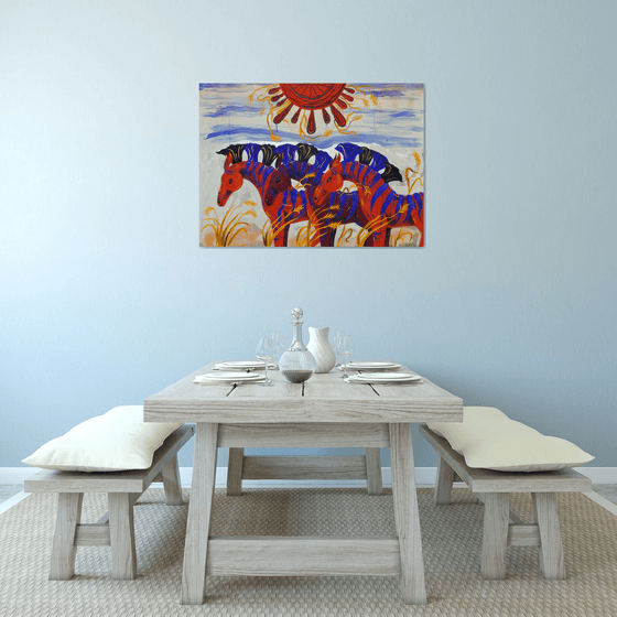 Large painting with Horses. Red horse. African autumn landscape