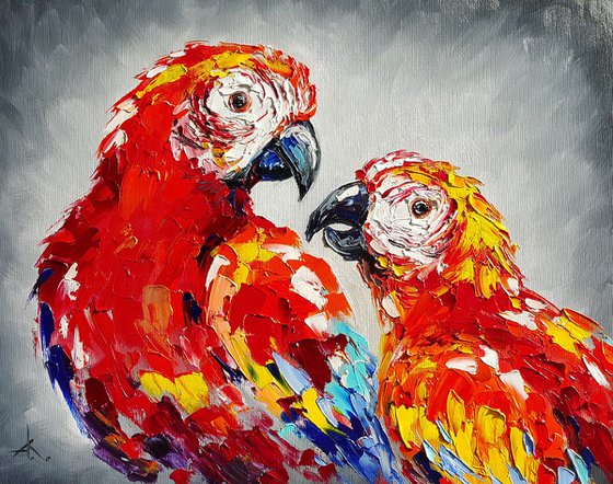 World for two -  parrots oil painting, bird, parrots, painting on canvas, gift, parrots art, art bird, animals oil painting