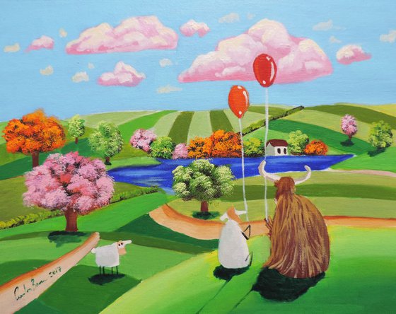 Sheep and cow with balloons 10" x 8"