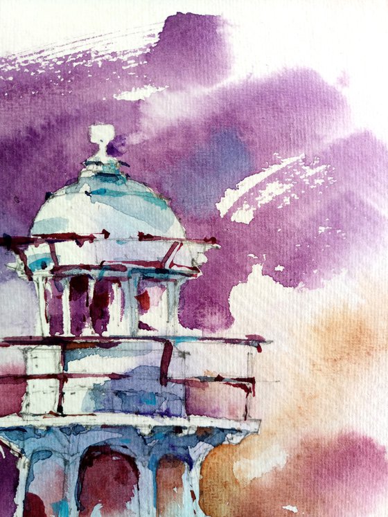 "Lighthouse on the background of the sunset sky" original watercolor