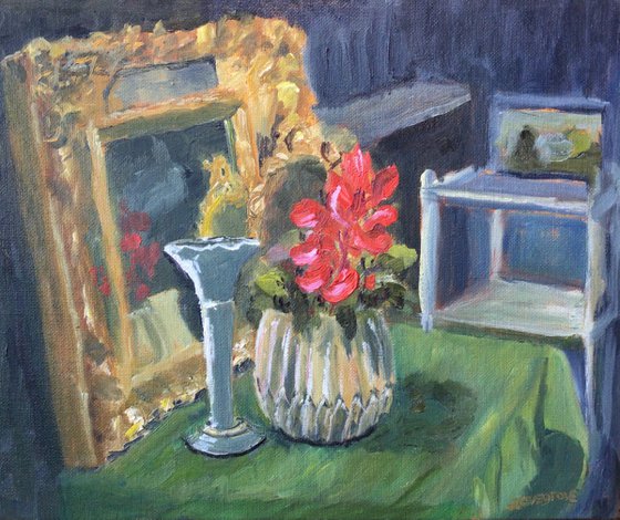 Still life oil painting, Cyclamen in a pot before an antique mirror