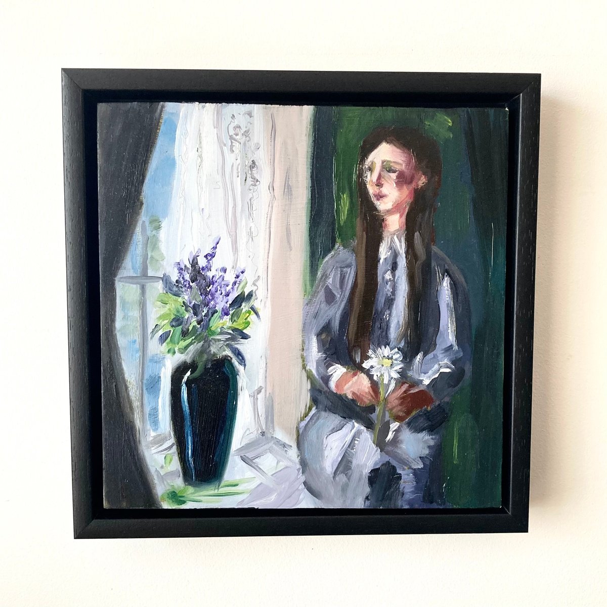 Impressionistic Portrait Oil Painting By Sarah Bale, 9 X 9", A Moments Distraction, Original Artwork