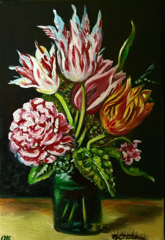 Flowers in a vase . Dutch style painting. Tulips, roses, dragonfly.
