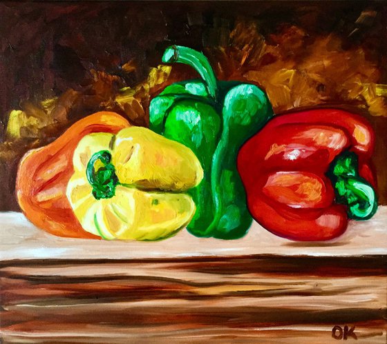 Peppers. Still life, vegetables, oil painting