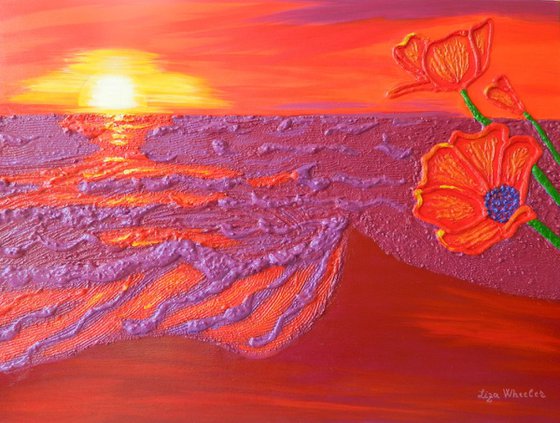Poppies at Dawn - modern surrealistic seascape floral impasto painting