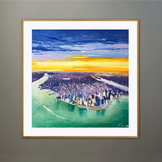 Sunset painting over cityscape, New York painting on canvas