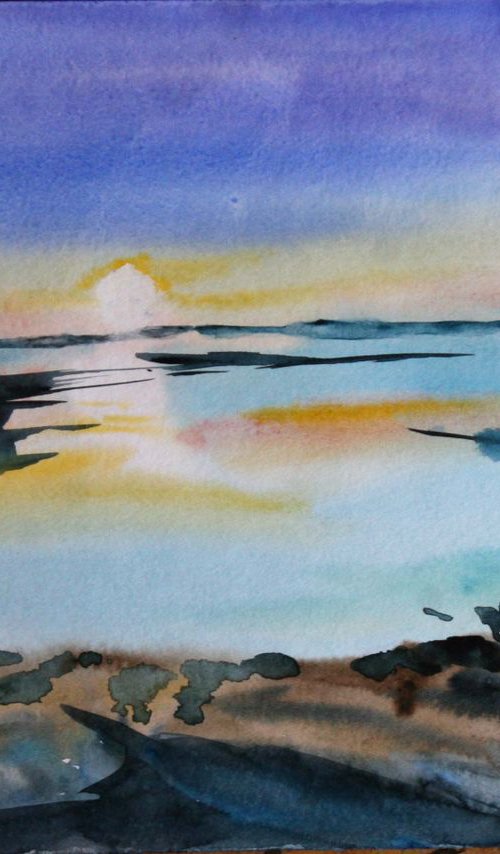 Original watercolor, hand painting, Sunset on the firth, abstract coastal landscape, seascape fine art, wall art office wall decor, modern art by Alina Shmygol