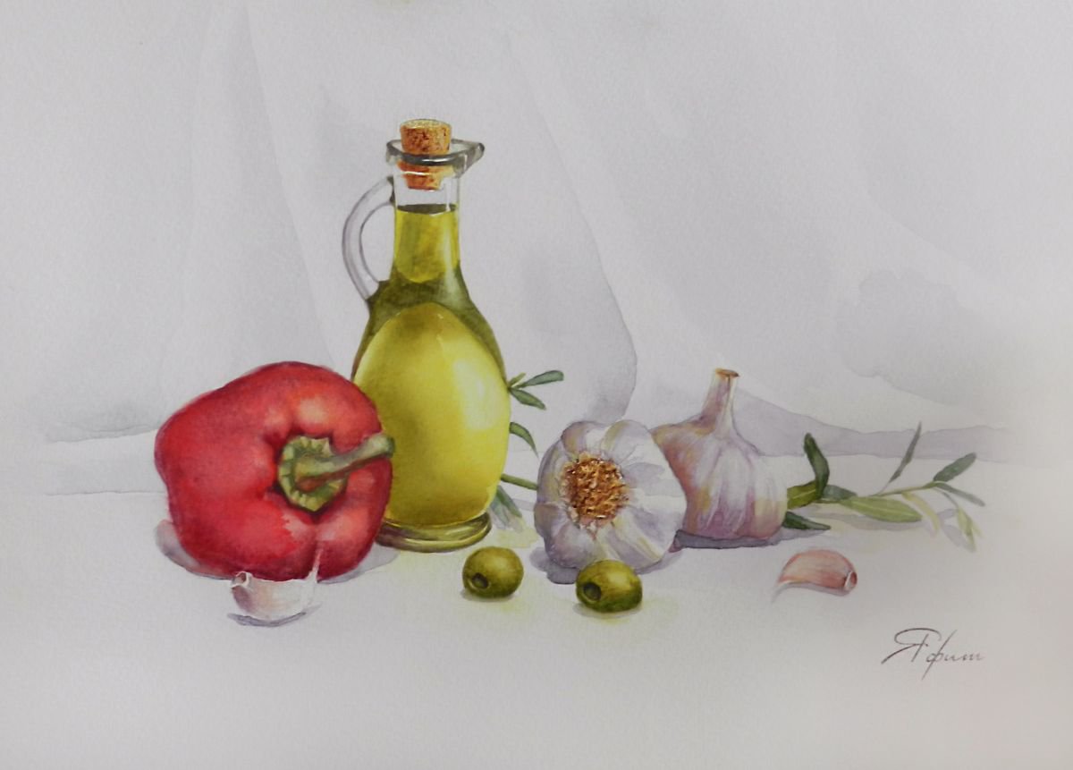 Olive oil and bell pepper by Yafit Moshensky