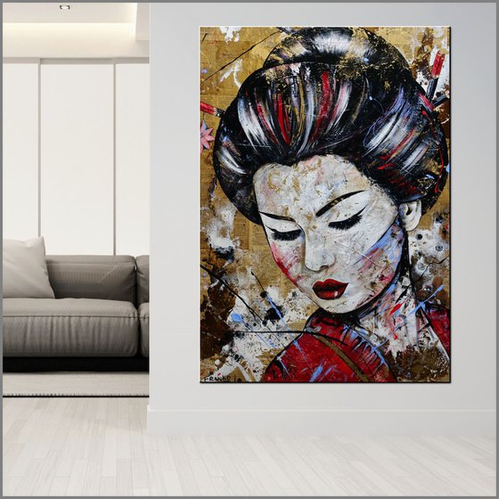 Sakura Blue 140cm x 100cm Geisha Book Page Textured Abstract Realism Art