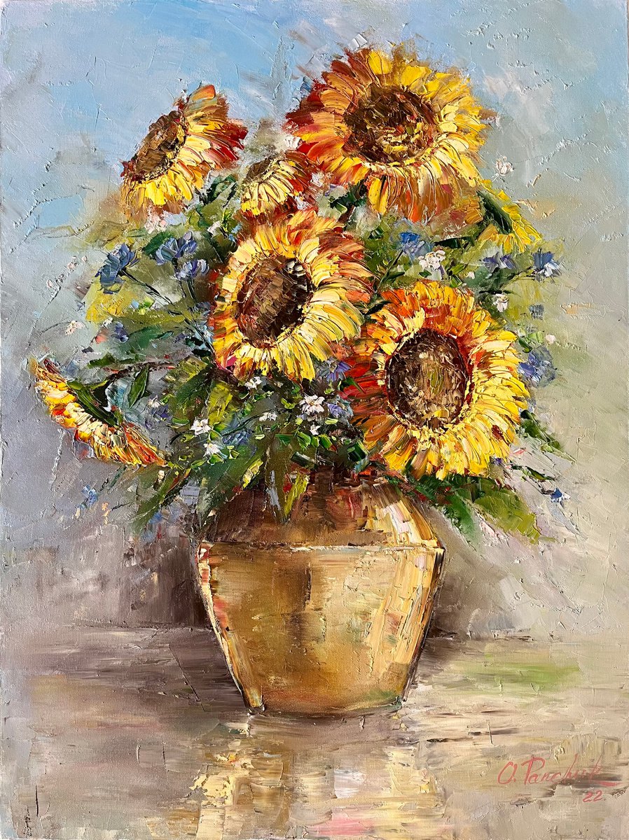 Impressionistic Botanical Oil Painting By Oleg Panchuk, 24 X 32", Sunflowers In Vase, Original Artwork