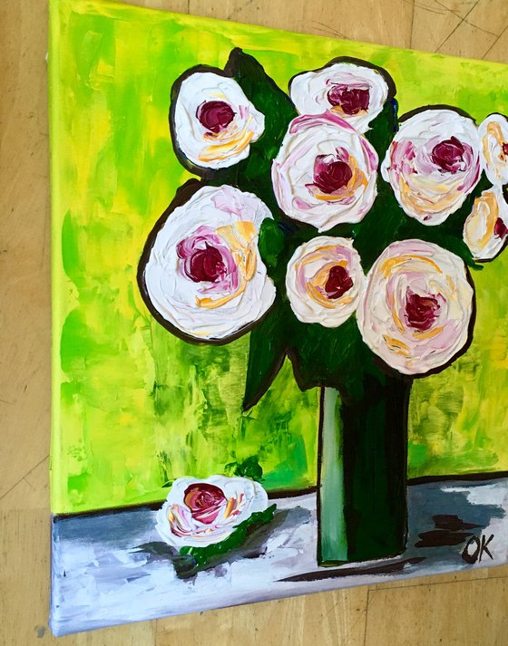 BOUQUET OF White Roses  #10 palette  knife Original Acrylic painting office home decor gift