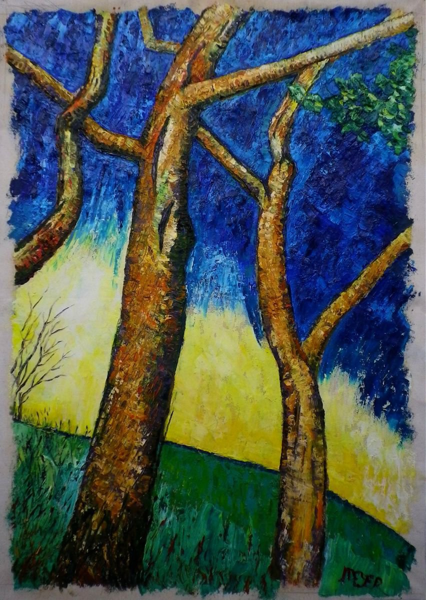 Expressive Landscape Oil Painting By Richard Meyer, 24 X 32", Ash Tree Trunks On A Blue Sky, Original Artwork