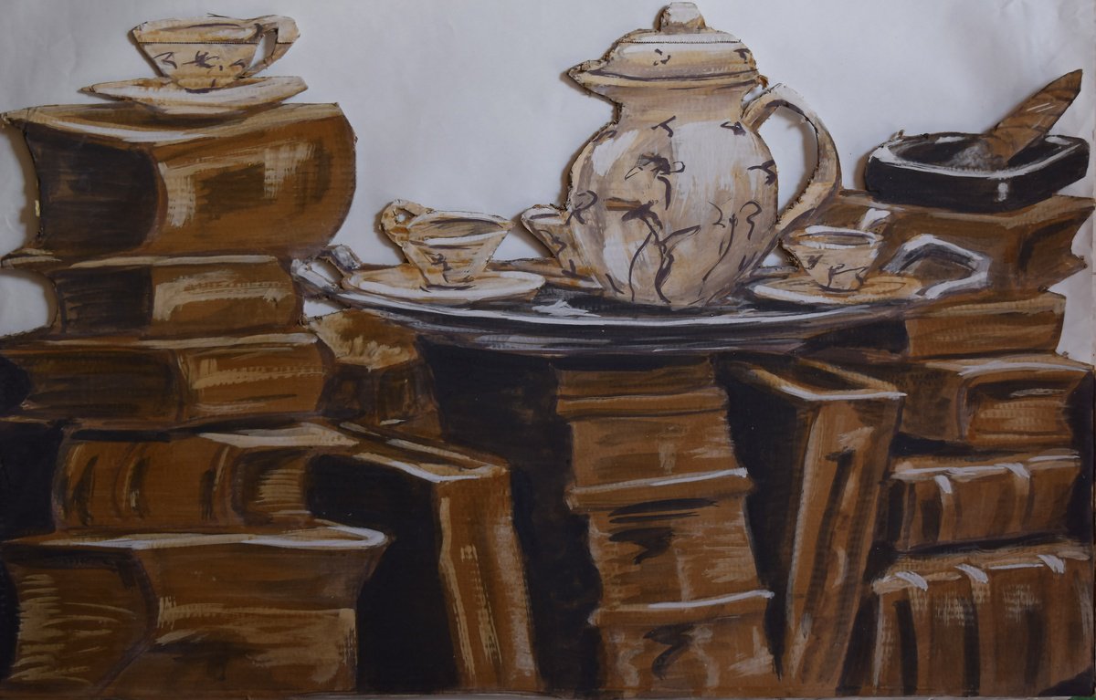 Still Life Painting By Antonio Mele, 36 X 24, Books And Teapot, Original Artwork