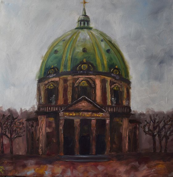 Original oil painting on canvas Frederik’s Church in Copenhagen, Denmark