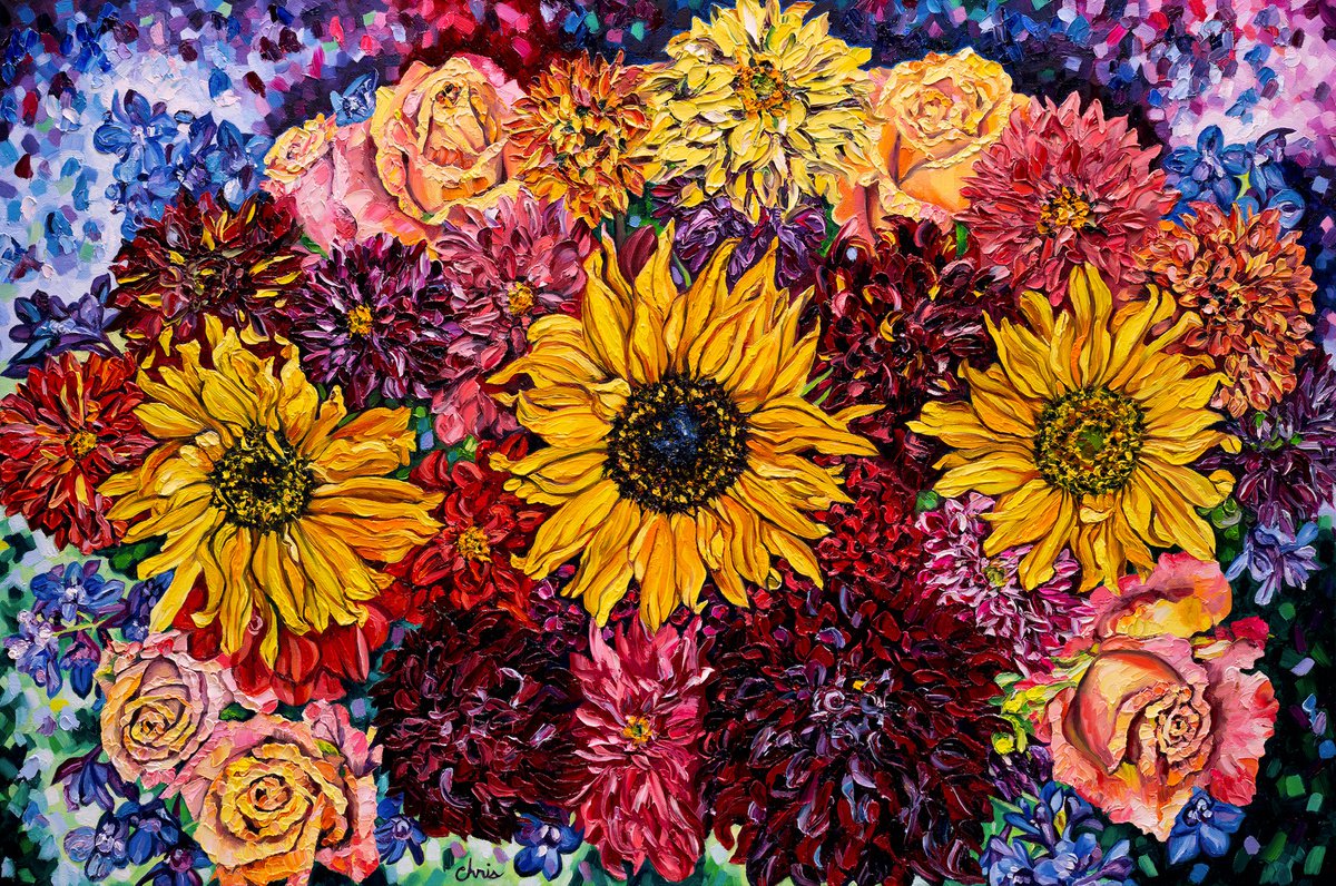Expressive Botanical Oil Painting By Christina M Plichta, 36 X 24, Three Sunflowers Iii: Peach Roses And Blue Delphinium Blossoms, Artfinder