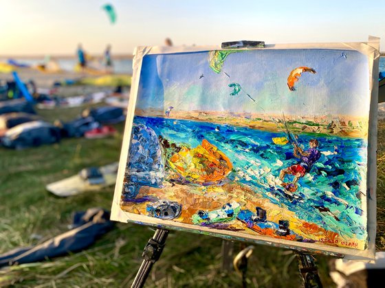 Kitesurfing - Spot atmosphere, 47*37cm, impressionistic oil impasto landscape painting