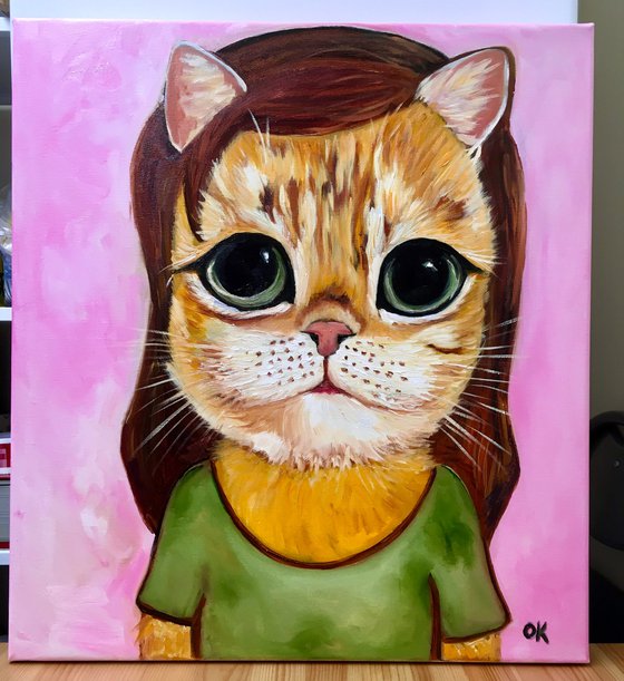 Cute big eyes ginger cat inspired by Yoshitomo Nara portraits.