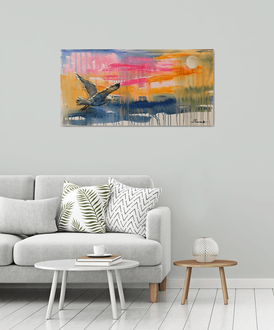 Bright horizontal painting - "Seagull in flight" - Pop Art - Bird - California - Miami - Sea - Ocean - Sunset