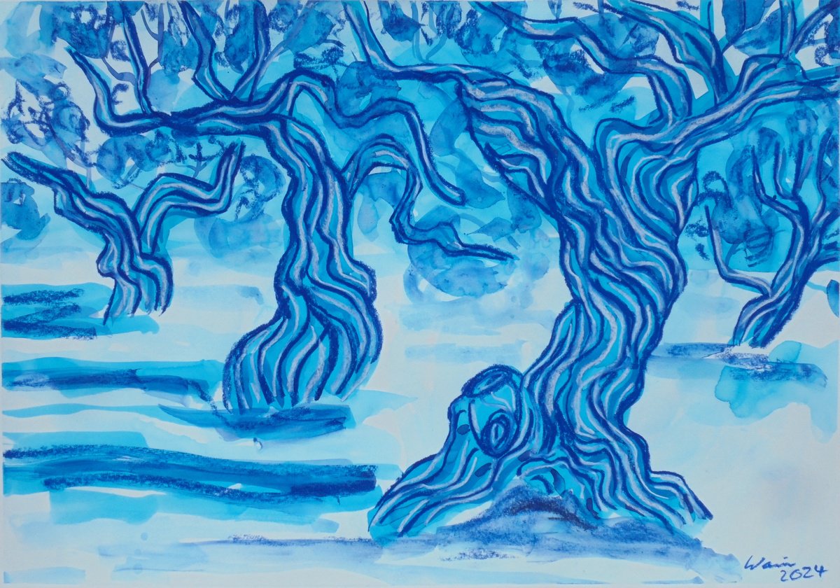 Expressive Landscape Ink Drawing By Kirsty Wain, 23 X 17", Olives In Blue, Original Artwork