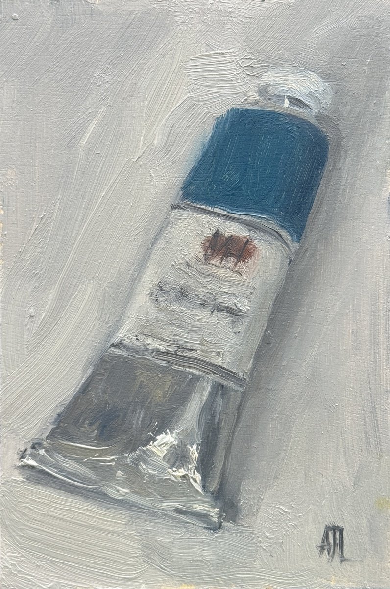 Impressionistic Still Life Oil Painting By Alex James Long, 4 X 6, Cerulean Blue Paint Tube, Original Artwork