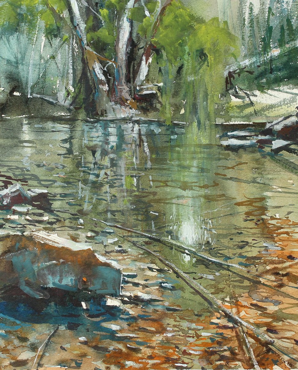 Impressionistic Landscape Watercolour By Maximo Damico, 9 X 11", Lake And Reflection, Original Artwork