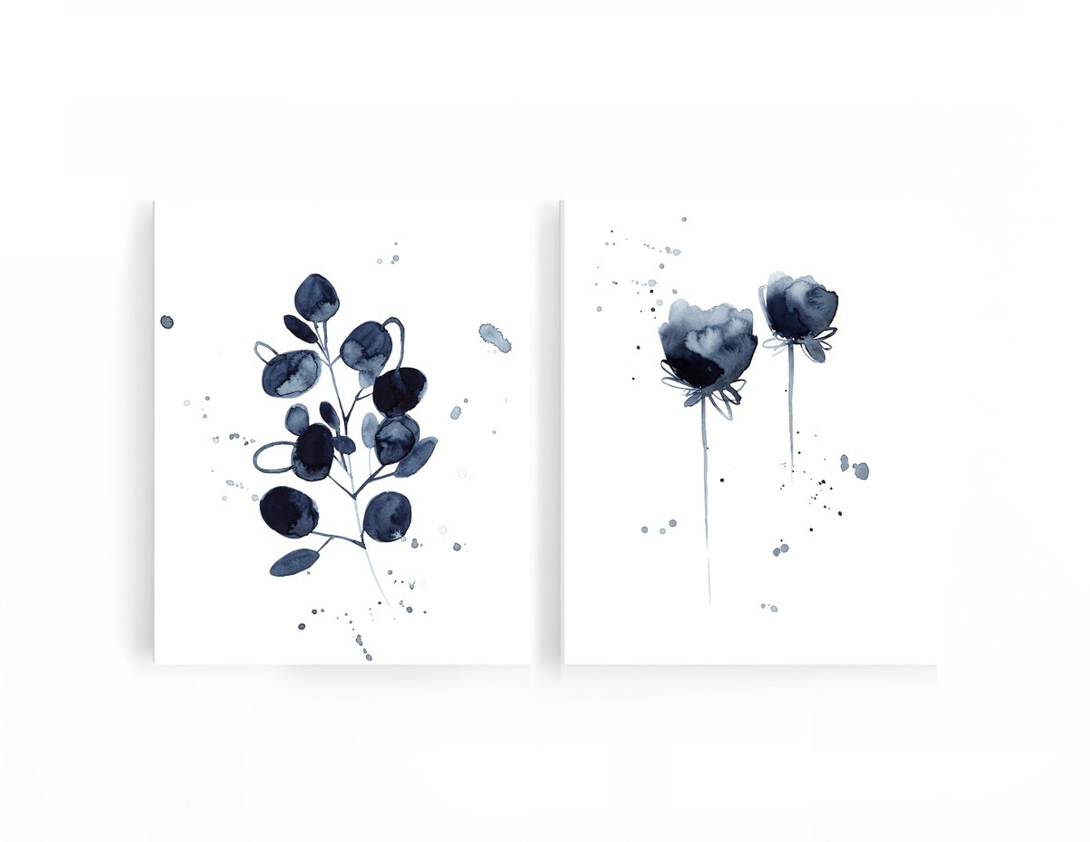 Eucalyptus and Cotton Buds Inky Blue Diptych by Sophie Rodionov