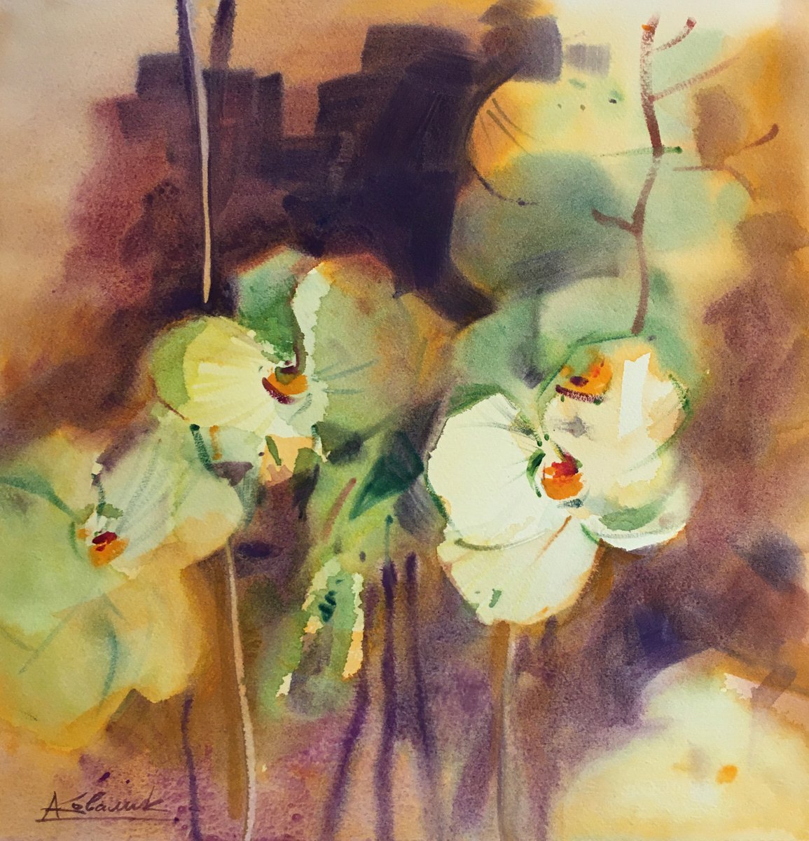 Impressionistic Botanical Watercolour By Andrii Kovalyk, 15 X 15, Abstract Flowers, Original Artwork