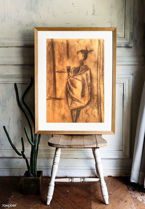 Coffee Time Painting Woman Original Art Lady Charcoal Drawing Wall Art 12 by 17 inches by Halyna Kirichenko