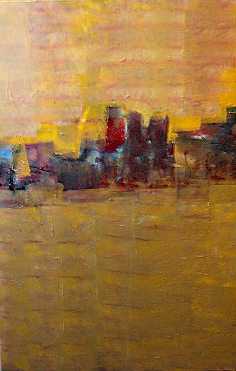 Abstract Acrylic Painting By Jacques Donneaud, 30 X 45, Une Ville Au Loin, Original Artwork