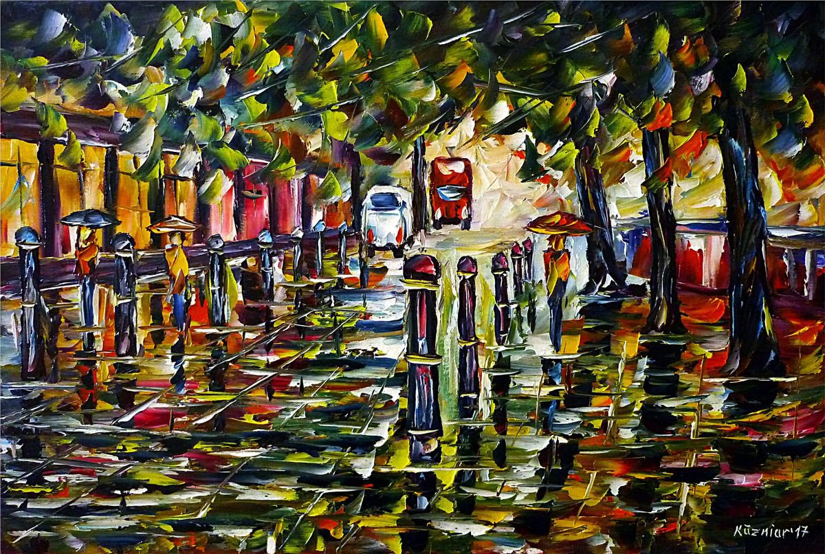 Expressive Cityscapes Oil Painting By Mirek Kuzniar, 24 X 16", City In The Rain, Original Artwork