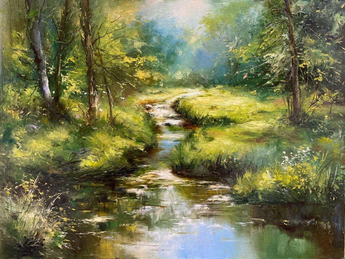 Impressionistic Landscape Oil Painting By Farzaneh Maddahi, 16 X 12, Whispering Stream, Original Artwork