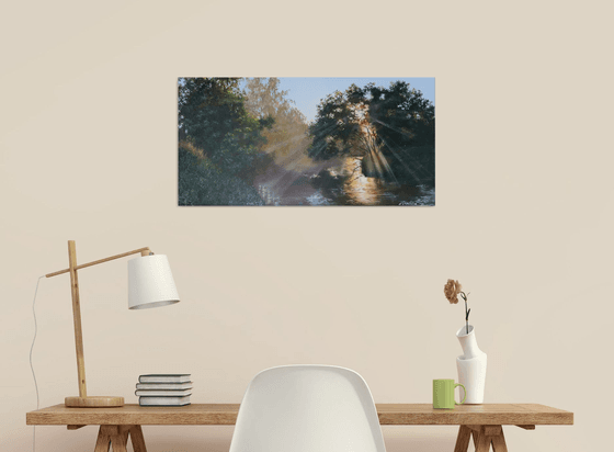 Original Landscape Painting with River Reflections, Woodland Scene Wall Art with Sunlight Through Trees, River Canvas Art with Misty Morning Atmosphere