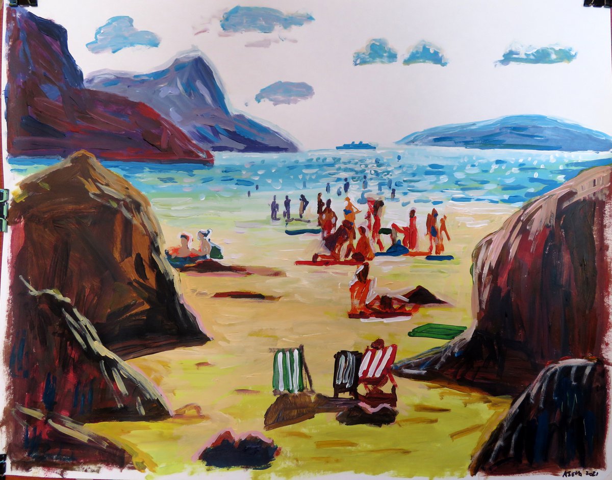 Impressionistic Landscape Acrylic Painting By Stephen Abela, 28 X 22", White Sun, Red Rocks, Yellow Sand, Blue Sea, Artfinder