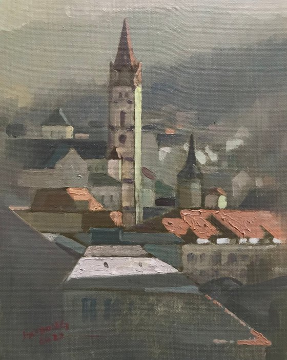 Original Oil Painting Wall Art Signed unframed Hand Made Jixiang Dong Canvas 25cm × 20cm Cityscape Morning Stuttgart Small Impressionism Impasto